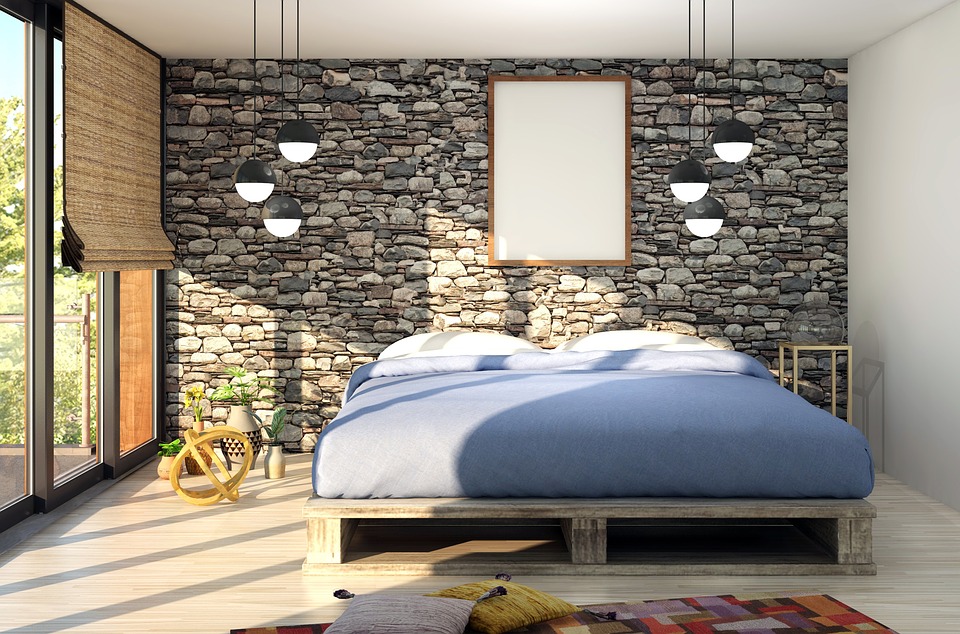 Décoration d'une chambre avec des matériaux naturels comme la pierre et le bois